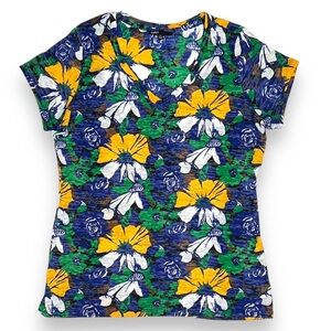 3/$30 Chaus Floral Print Tissue Tee Short Sleeve T-Shirt L/Large Blue Yellow